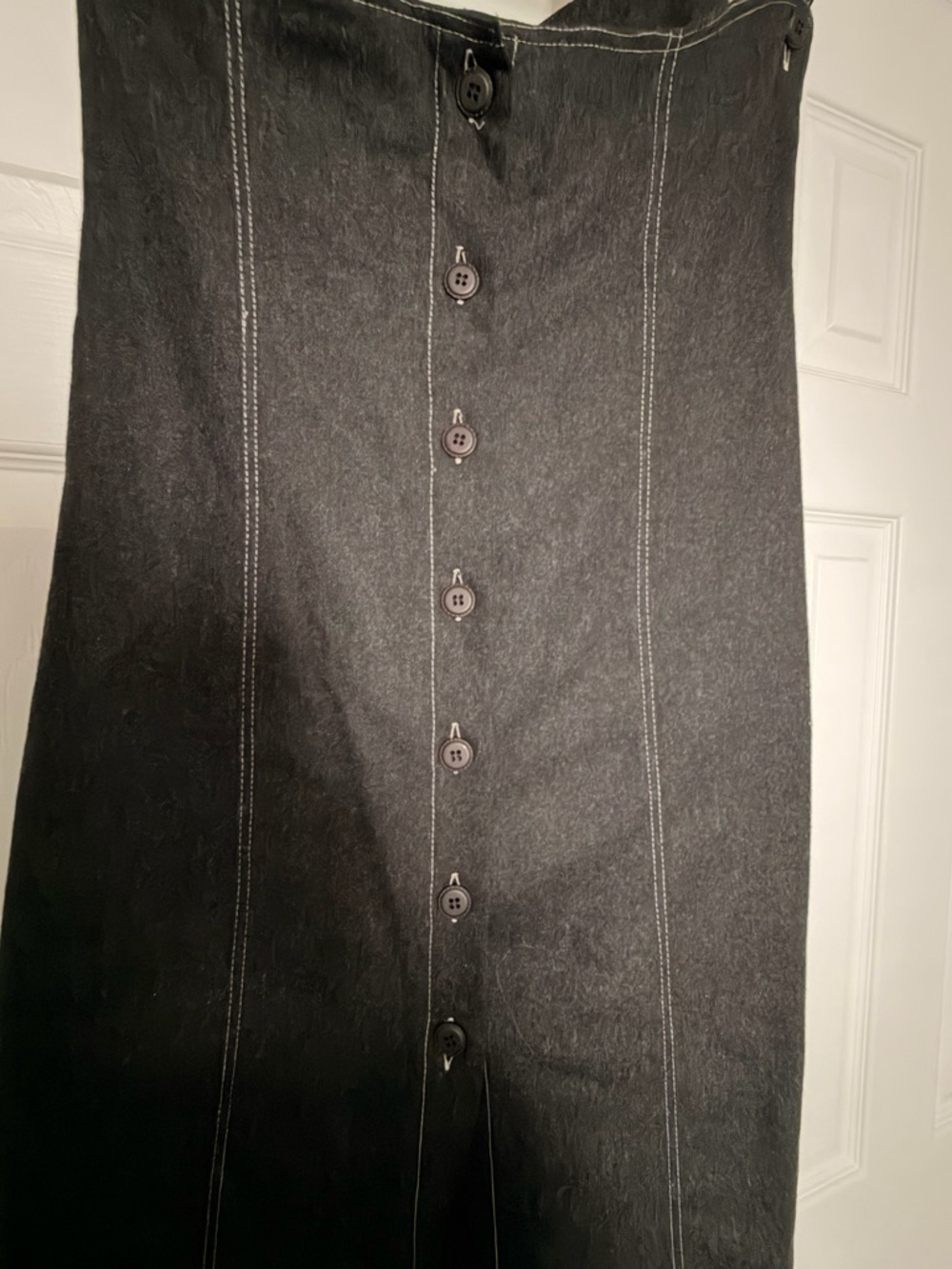 Black Button-Front Maxi Dress with Contrast Stitching, 70% Wool